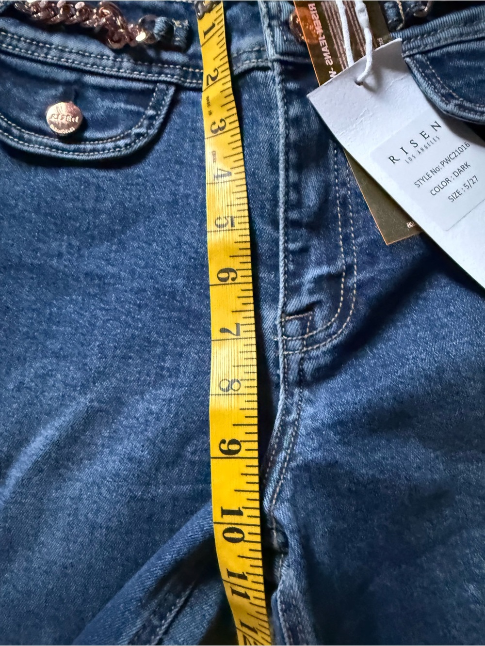 Risen Women's Dark Blue Wide-Leg Jeans with Chain Trim - Picture 9 of 12